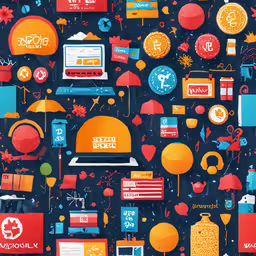 colorful design with images from many different markets,a colorful abstract pattern of various things