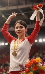 a cheerleader with flowers in her hair and ribbon around her neck
