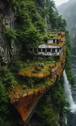 a cliff side building sits on an island with the river below it