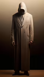 a person in a white long coat and a mask