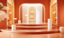 a large stair in the center of an orange hallway