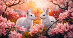 two white rabbits in the flowers of trees, and a sunset
