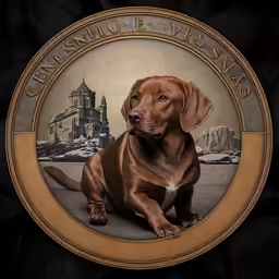 a dog on the side of a wooden plaque