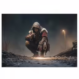 a woman kneeling down on the ground next to metal beams