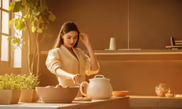 the woman is cooking her meal in the kitchen
