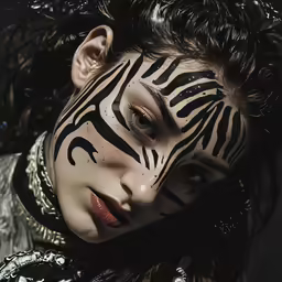 woman with face paint painted zebra stripes