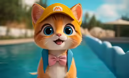 a kitten in an adorable hat next to a pool