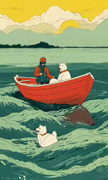 a boat with some animals in the water,two polar bears are riding in a boat