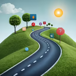 a road leading down to various apps running along the same hill
