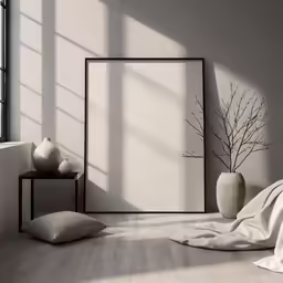 the frame is on the wall next to the bed