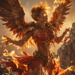 a woman with fire is walking with wings