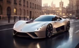 the luxury car is driving through the city