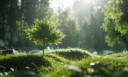 the sun is shining on a tree growing in the grass