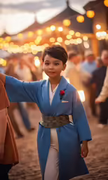 a young child wearing a blue and white robe in front of other people at an event