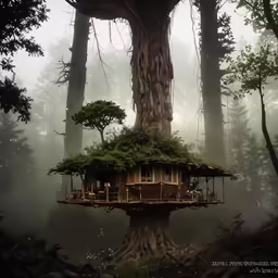 a tree house with moss on the top