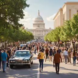 people walking along the street during a sunny day