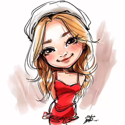 the character in a red dress, wearing a hat,a cartoon drawing of a girl with blond hair