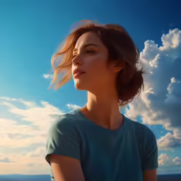 a woman is looking ahead in the sky