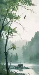 a bird is flying over the forest and river