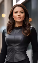 a woman wearing black dress standing in front of a building