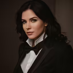the woman in the tuxedo is posing for a photo