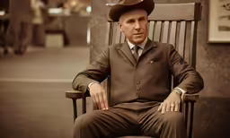 a man wearing a hat sits on a chair in a hallway