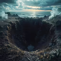large open hole of earth with clouds in the sky