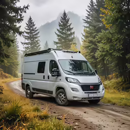 a white van parked on a gravel road in the woods