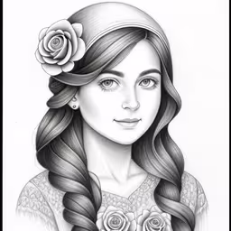 a pencil drawing of a girl with long hair,a woman with long hair and flowers in her hair
