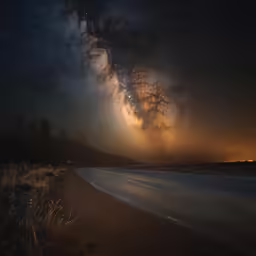 the night sky and clouds and some stars over the land