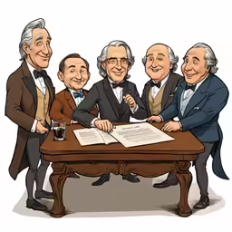 four men are standing in front of a table and signing papers