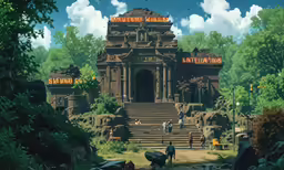 the animated scene depicts a stone building with two steps to a small entrance