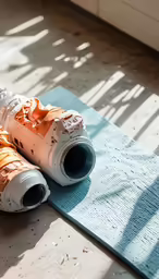 an orange and black shoe laying on top of a blue towel