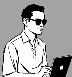 an illustration of a man wearing sunglasses, using a laptop