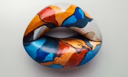 a circular object painted with blue, orange and brown colors