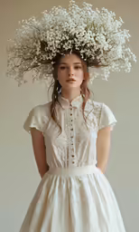 a girl wearing white dress holding a bunch of flowers over her head