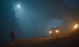 two vehicles are driving through the foggy night