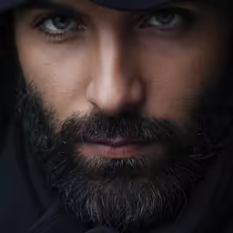 a man with black hair, a beard and a hat