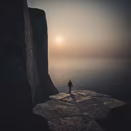a man walking along a cliff as the sun sets