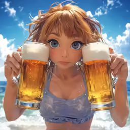 a woman holds two mugs of beer while standing in front of the ocean