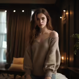a beautiful woman posing for the camera in front of a bed