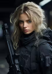 a young woman holding an automatic rifle near her face,a woman in a military outfit with guns