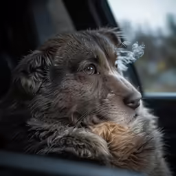 a wet dog looking out the window of a vehicle