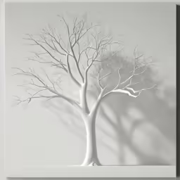 a painting of a white tree and shadow on a wall