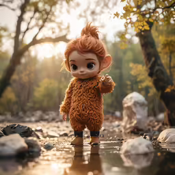 an animal - looking doll in brown clothes stands in front of a river and rocks