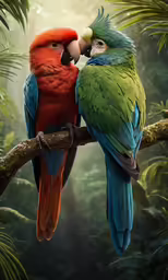 two colorful parrots sitting on top of a branch