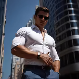 a man wearing a shirt and tie standing in front of tall buildings
