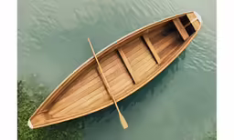 a small boat with paddles sits on water