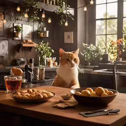 a cat sitting at a table with some bread and a glass