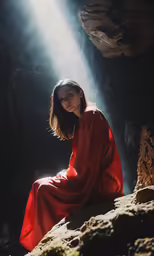 a woman in a red gown sits in the middle of a dark room with beams of light coming from behind her